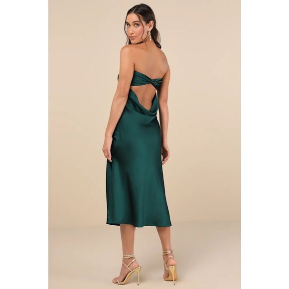 Lulus Effortless Bliss Emerald Satin Strapless Cowl Back Midi Dress Size XS NWT - Picture 1 of 12